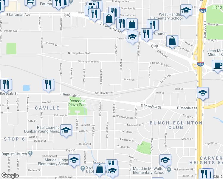 map of restaurants, bars, coffee shops, grocery stores, and more near 1116 South Roselane Street in Fort Worth
