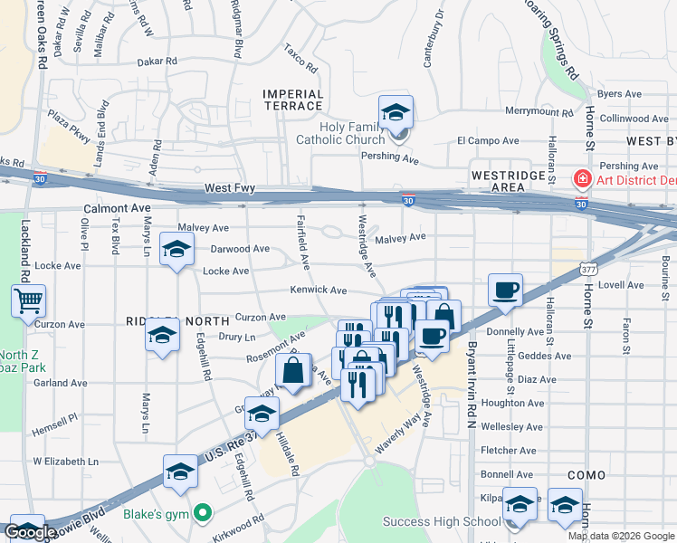 map of restaurants, bars, coffee shops, grocery stores, and more near 6236 Kenwick Avenue in Fort Worth