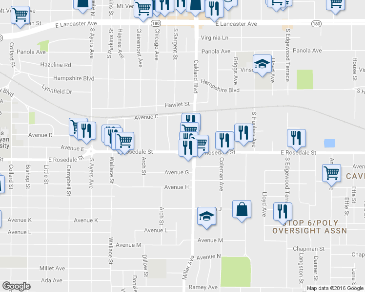 map of restaurants, bars, coffee shops, grocery stores, and more near 4101 E Rosedale St in Fort Worth