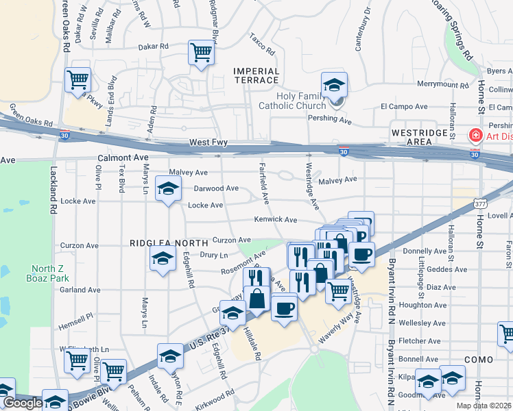 map of restaurants, bars, coffee shops, grocery stores, and more near 6309 Locke Avenue in Fort Worth