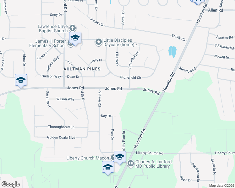 map of restaurants, bars, coffee shops, grocery stores, and more near 3660 Jones Rd in Macon