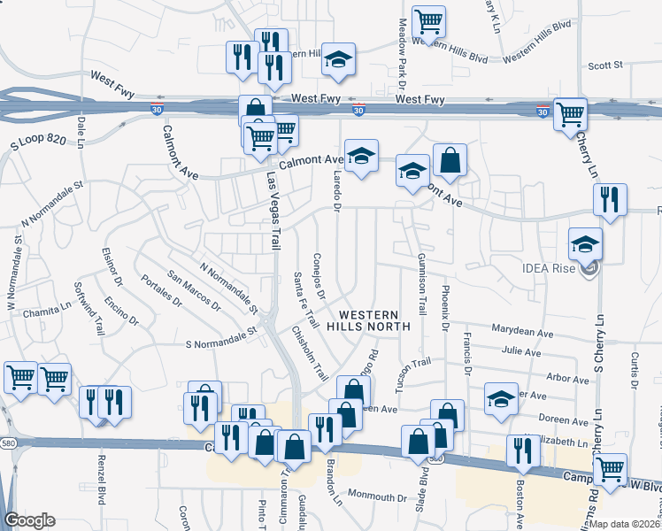 map of restaurants, bars, coffee shops, grocery stores, and more near 3005 Conejos Drive in Fort Worth