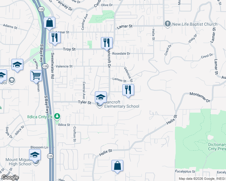 map of restaurants, bars, coffee shops, grocery stores, and more near 9012 Avocado Street in Spring Valley