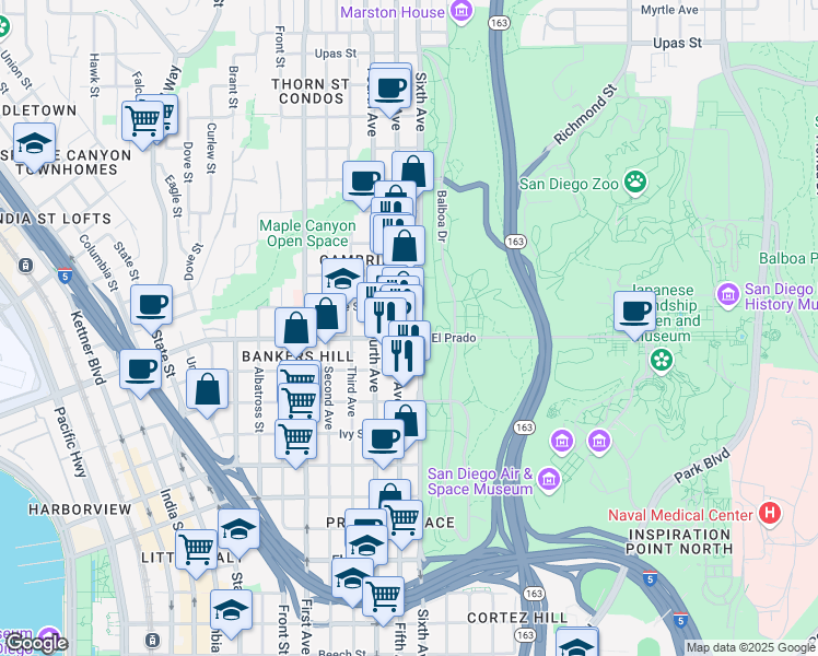 map of restaurants, bars, coffee shops, grocery stores, and more near in San Diego