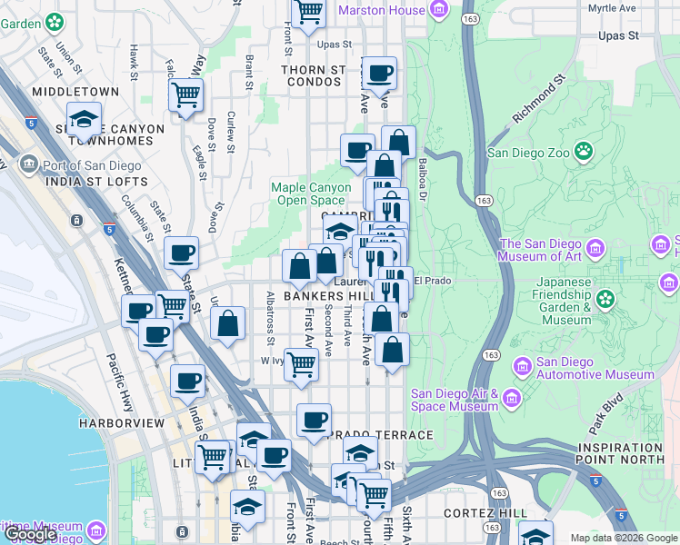map of restaurants, bars, coffee shops, grocery stores, and more near 2512 3rd Avenue in San Diego