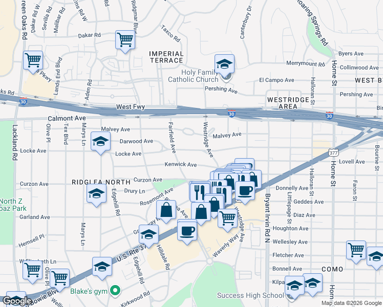 map of restaurants, bars, coffee shops, grocery stores, and more near 6236 Kenwick Avenue in Fort Worth