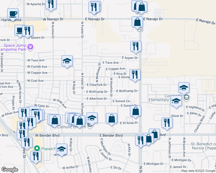 map of restaurants, bars, coffee shops, grocery stores, and more near 413 East Clearfork Drive in Hobbs