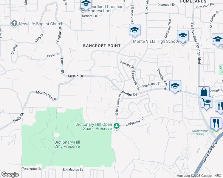 map of restaurants, bars, coffee shops, grocery stores, and more near 9881 Aldergrove Lane in Spring Valley