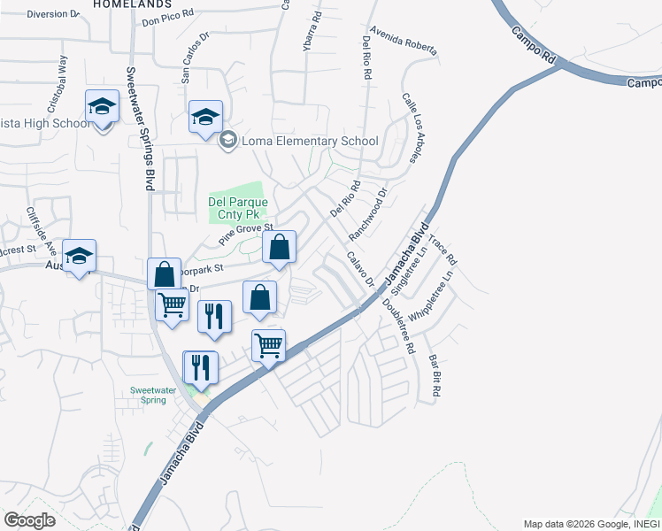 map of restaurants, bars, coffee shops, grocery stores, and more near 10770 Jamacha Boulevard in Spring Valley