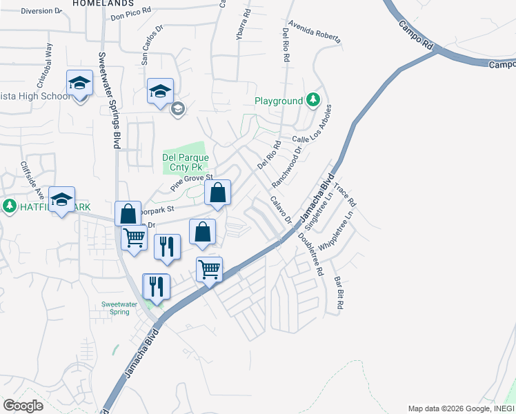 map of restaurants, bars, coffee shops, grocery stores, and more near 10770 Jamacha Boulevard in Spring Valley