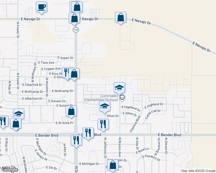 map of restaurants, bars, coffee shops, grocery stores, and more near 1024 East Gold Avenue in Hobbs