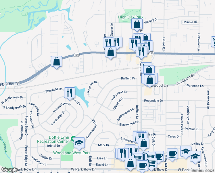 map of restaurants, bars, coffee shops, grocery stores, and more near 2724 Buffalo Drive in Arlington