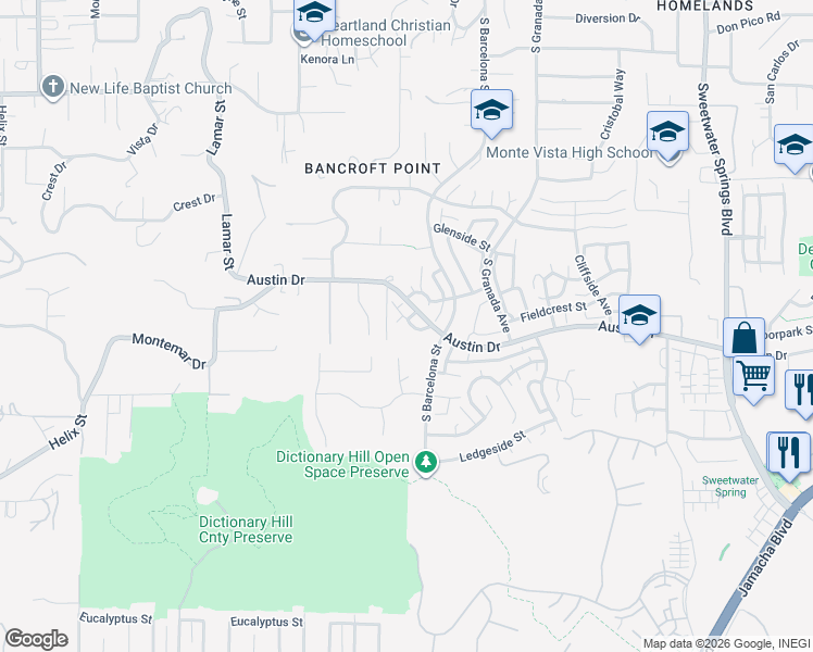 map of restaurants, bars, coffee shops, grocery stores, and more near 9881 Aldergrove Lane in Spring Valley