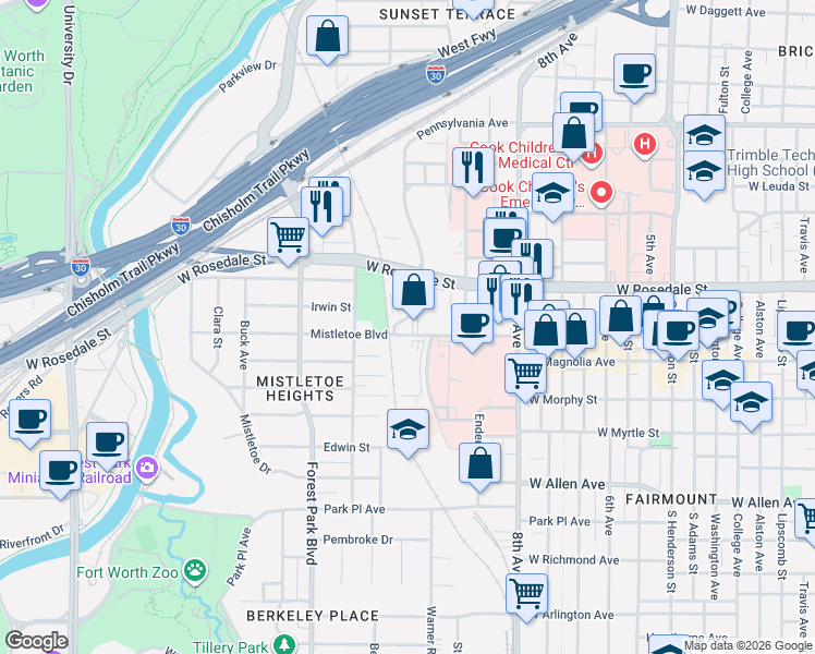map of restaurants, bars, coffee shops, grocery stores, and more near 1916 Mistletoe Boulevard in Fort Worth
