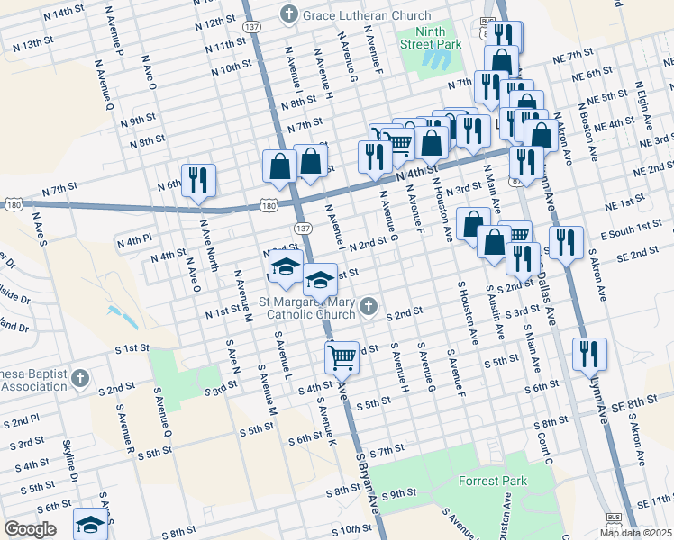 map of restaurants, bars, coffee shops, grocery stores, and more near 1001-1017 North 1st Street in Lamesa