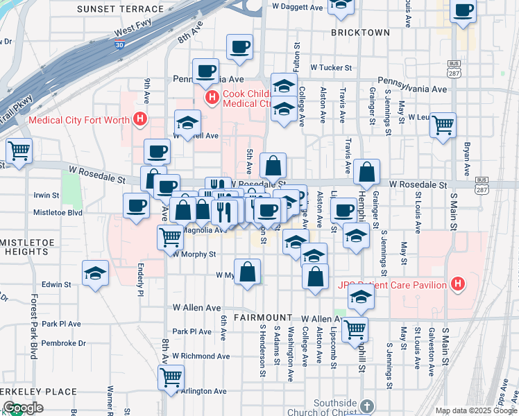 map of restaurants, bars, coffee shops, grocery stores, and more near 1200 South Henderson Street in Fort Worth