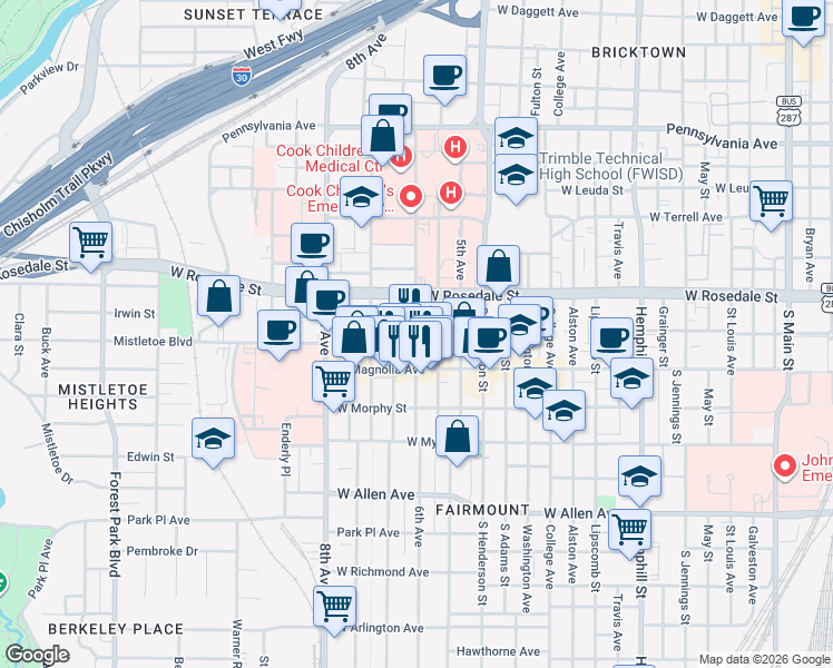 map of restaurants, bars, coffee shops, grocery stores, and more near 1201 Fairmount Avenue in Fort Worth