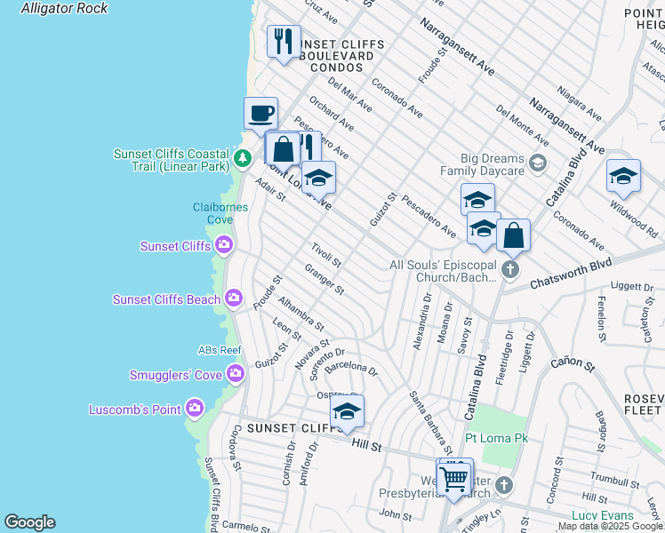 map of restaurants, bars, coffee shops, grocery stores, and more near 4515 Tivoli Street in San Diego