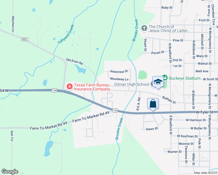 map of restaurants, bars, coffee shops, grocery stores, and more near 1607 Briarwood Street in Gilmer