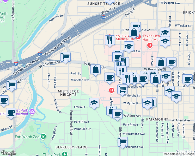 map of restaurants, bars, coffee shops, grocery stores, and more near 1900 Mistletoe Boulevard in Fort Worth