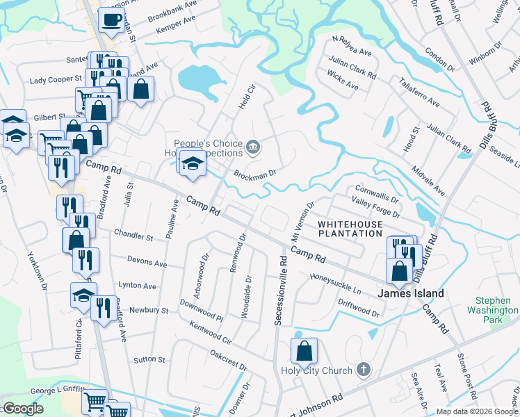 map of restaurants, bars, coffee shops, grocery stores, and more near 878 Sedge Court in Charleston