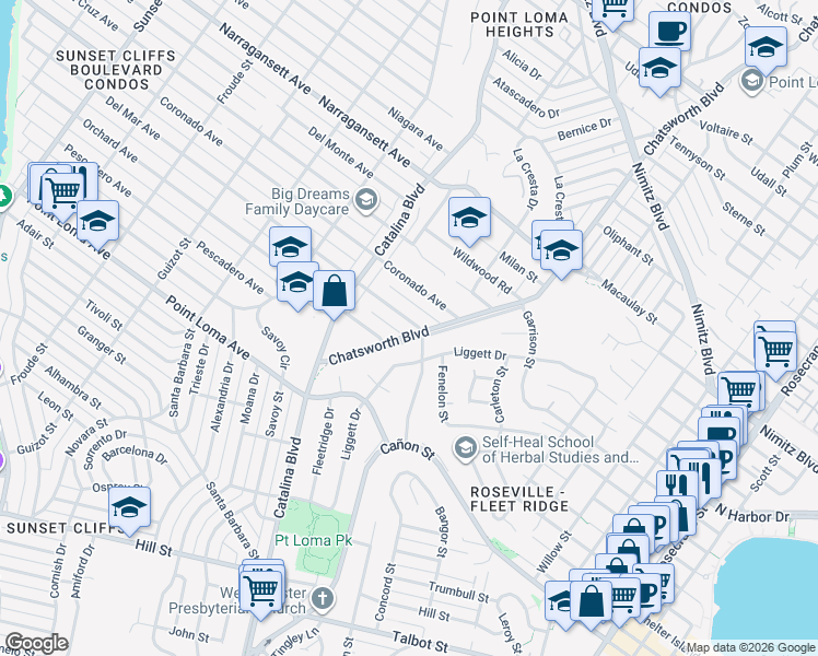 map of restaurants, bars, coffee shops, grocery stores, and more near 1570 Chatsworth Boulevard in San Diego