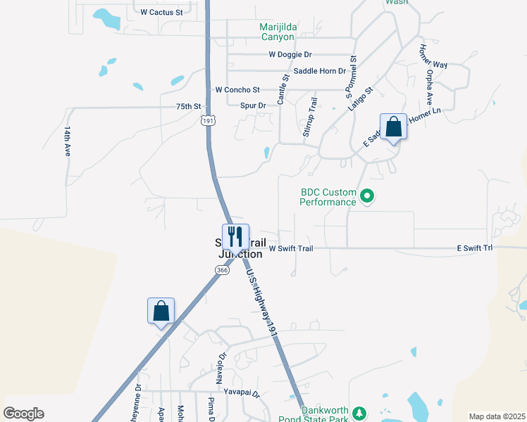 map of restaurants, bars, coffee shops, grocery stores, and more near 566 Arizona 366 in Safford