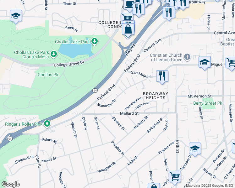 map of restaurants, bars, coffee shops, grocery stores, and more near 6547 Macarthur Drive in Lemon Grove
