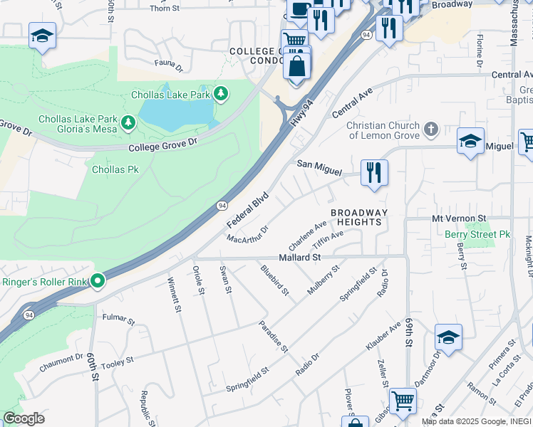 map of restaurants, bars, coffee shops, grocery stores, and more near 6470 Blue Ash Drive in Lemon Grove