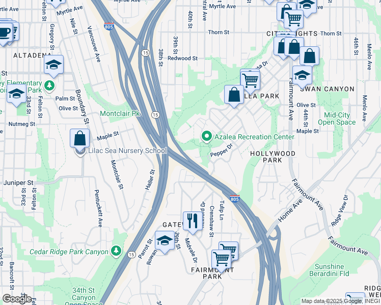 map of restaurants, bars, coffee shops, grocery stores, and more near 4014 Pepper Drive in San Diego