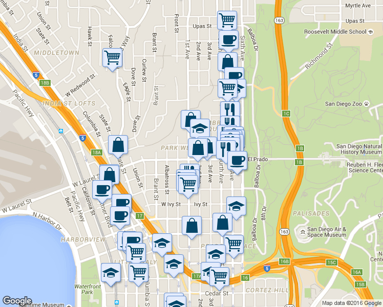 map of restaurants, bars, coffee shops, grocery stores, and more near in San Diego