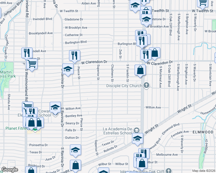 map of restaurants, bars, coffee shops, grocery stores, and more near 2627 Grafton Avenue in Dallas