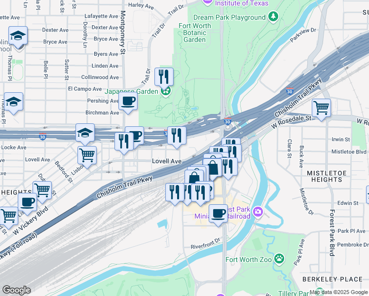 map of restaurants, bars, coffee shops, grocery stores, and more near 2913-2999 Pulido Street in Fort Worth