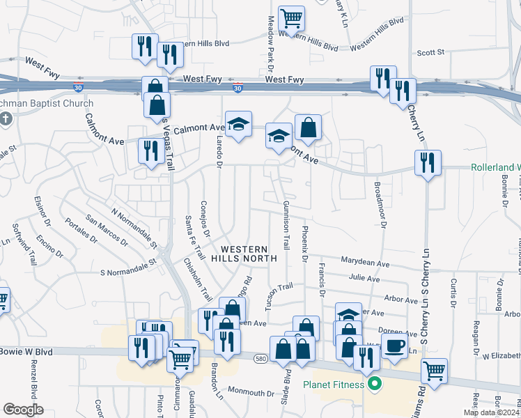 map of restaurants, bars, coffee shops, grocery stores, and more near 3004 Sonora Trail in Fort Worth