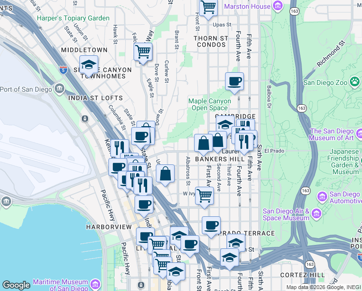 map of restaurants, bars, coffee shops, grocery stores, and more near in San Diego