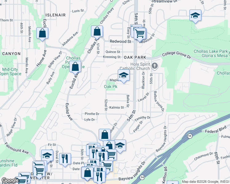 map of restaurants, bars, coffee shops, grocery stores, and more near 5252 Oak Park Drive in San Diego