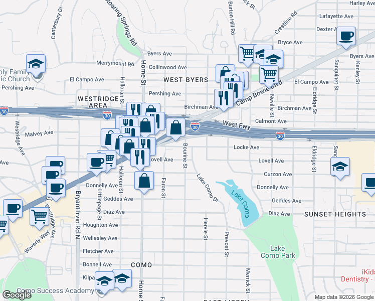 map of restaurants, bars, coffee shops, grocery stores, and more near 5432 Lovell Avenue in Fort Worth