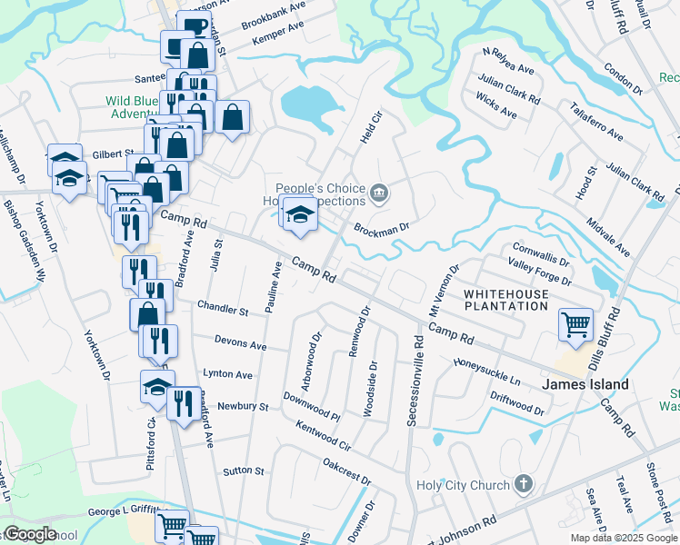 map of restaurants, bars, coffee shops, grocery stores, and more near 1457 Camp Road in Charleston