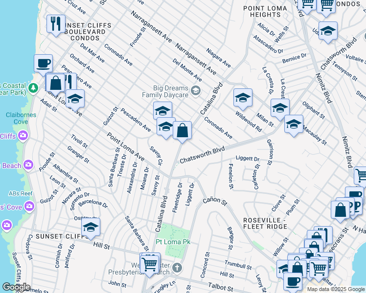 map of restaurants, bars, coffee shops, grocery stores, and more near 1475 Catalina Boulevard in San Diego