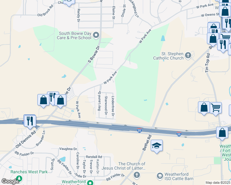 map of restaurants, bars, coffee shops, grocery stores, and more near 801 Soapberry Drive in Weatherford
