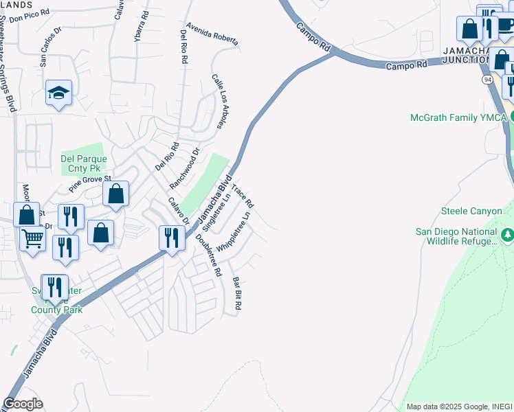 map of restaurants, bars, coffee shops, grocery stores, and more near 2461 Trace Road in Spring Valley