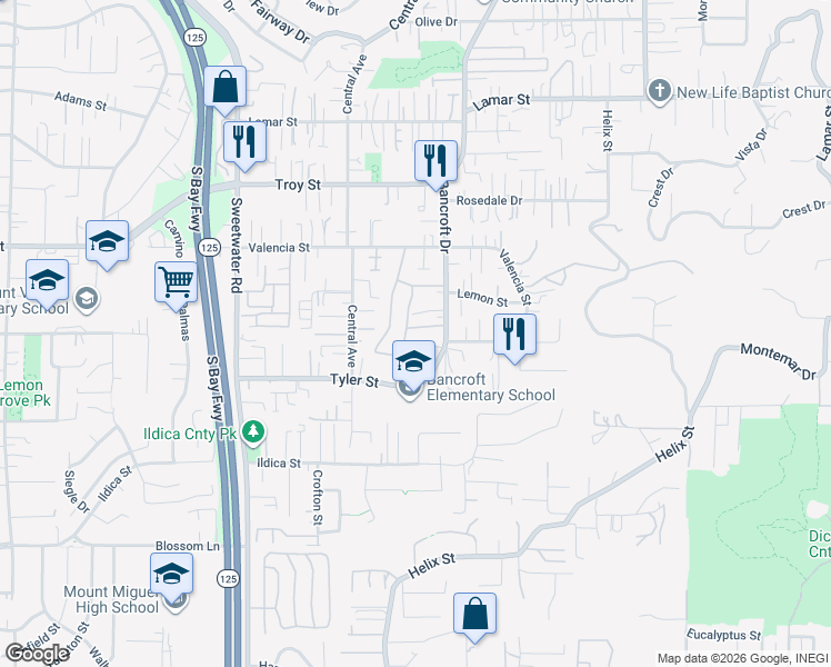 map of restaurants, bars, coffee shops, grocery stores, and more near 8931 Windham Court in Spring Valley