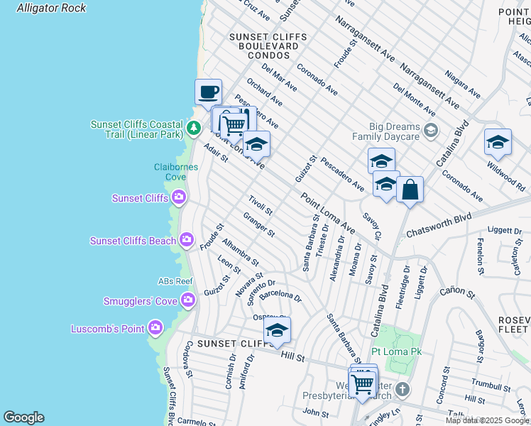 map of restaurants, bars, coffee shops, grocery stores, and more near 4515 Tivoli Street in San Diego