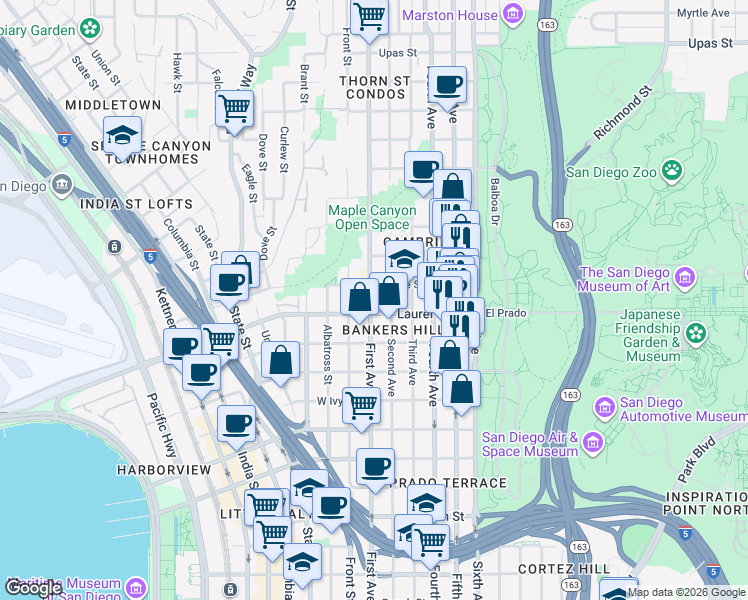 map of restaurants, bars, coffee shops, grocery stores, and more near in San Diego