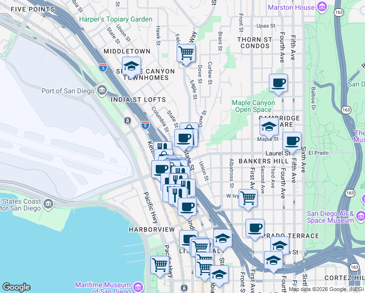 map of restaurants, bars, coffee shops, grocery stores, and more near 2545 1/2 State Street in San Diego