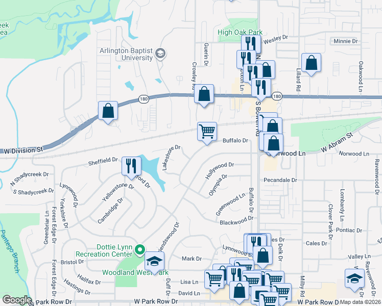 map of restaurants, bars, coffee shops, grocery stores, and more near 2801 Buffalo Drive in Arlington