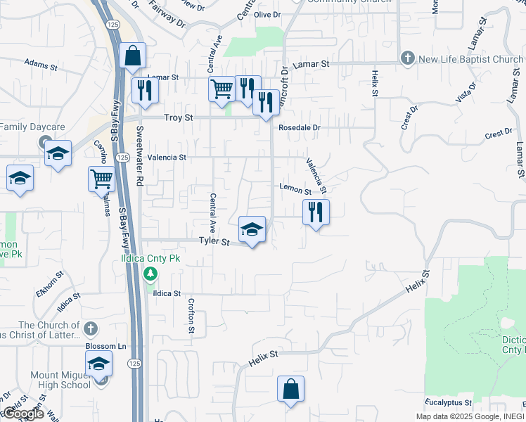 map of restaurants, bars, coffee shops, grocery stores, and more near 8983 Windham Court in Spring Valley