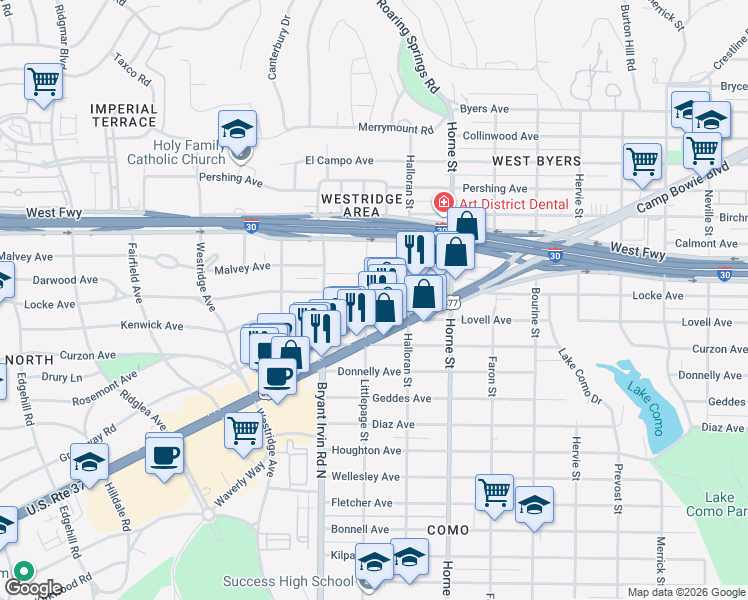 map of restaurants, bars, coffee shops, grocery stores, and more near 5800 Lovell Avenue in Fort Worth