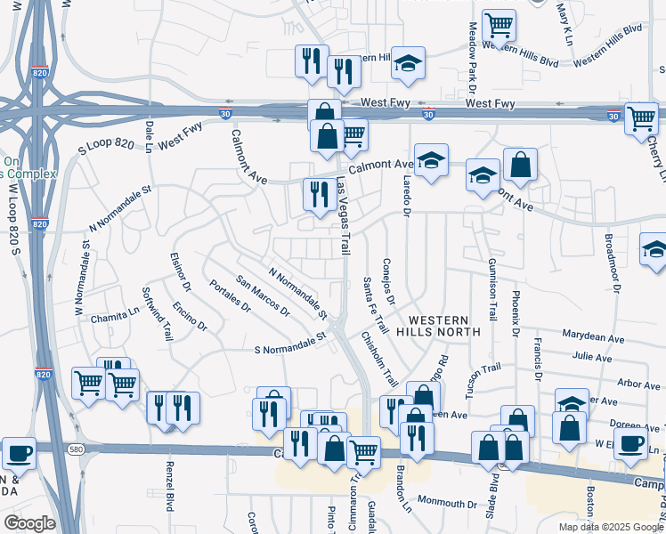 map of restaurants, bars, coffee shops, grocery stores, and more near 3000 Las Vegas Trail in Fort Worth
