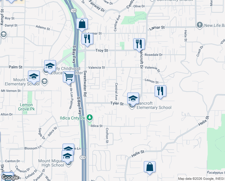 map of restaurants, bars, coffee shops, grocery stores, and more near 2410 Central Wayside in Spring Valley